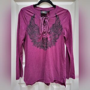 Harley Davidson Women's Purple Lace-Up Graphic Top Size Large